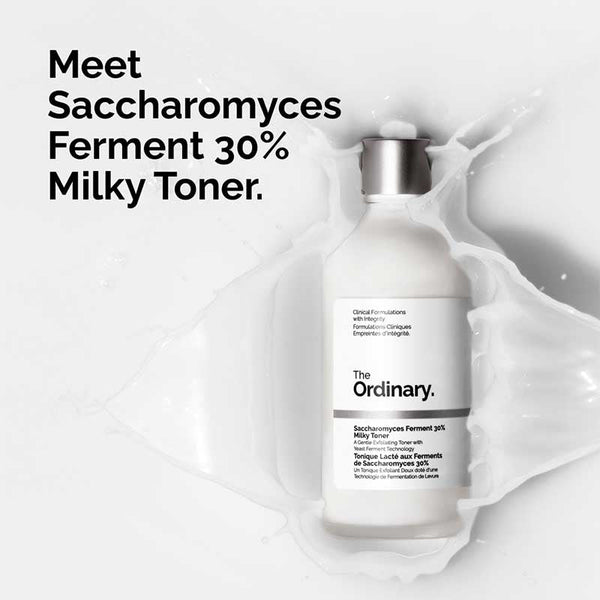Bottle of 'The Ordinary' Saccharomyces Ferment 30% Milky Toner on a white background with text.

