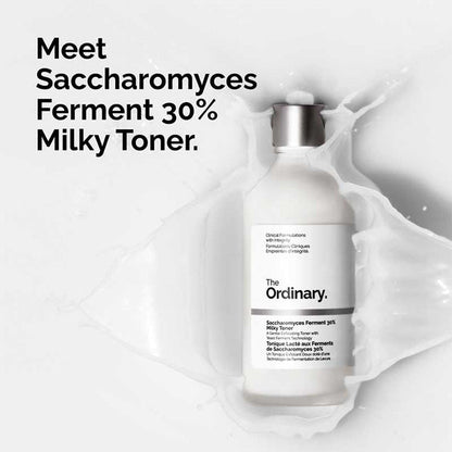 Bottle of 'The Ordinary' Saccharomyces Ferment 30% Milky Toner on a white background with text.

