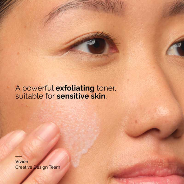 Close-up of a person applying a skincare product with text about an exfoliating toner.

