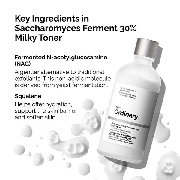 Skincare toner bottle with text about key ingredients on a white background