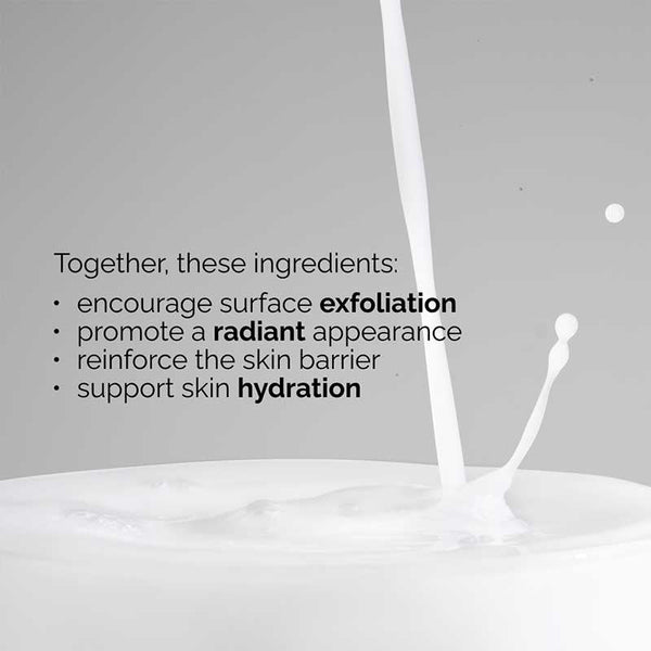 White liquid being poured with text about skincare benefits on a gray background
