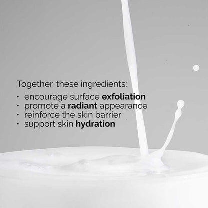 White liquid being poured with text about skincare benefits on a gray background